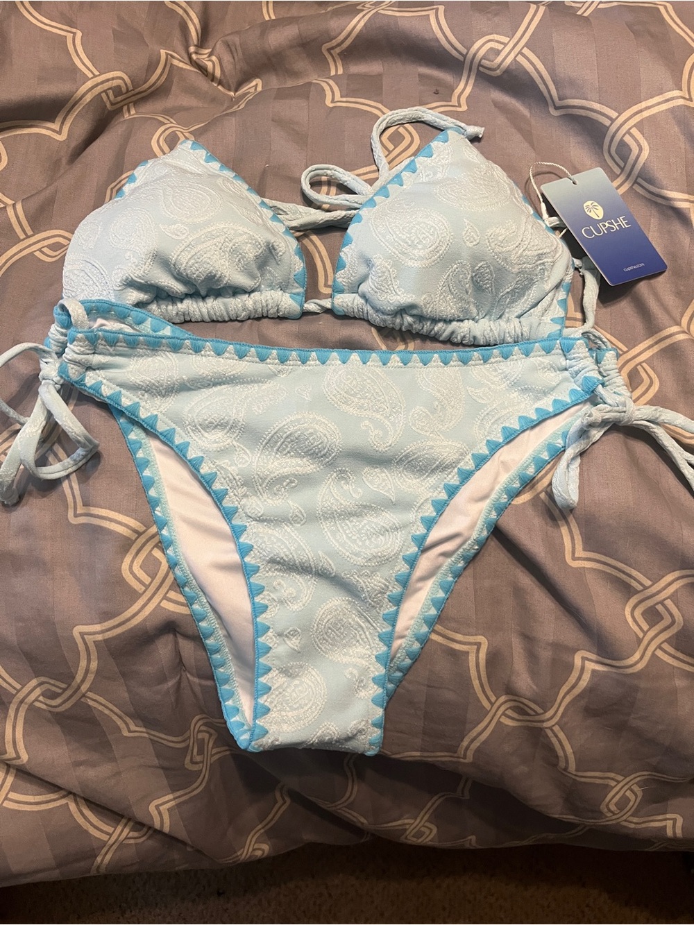 Cupshe Light Blue Paisley Triangle Tie-Side Bikini size M NWT